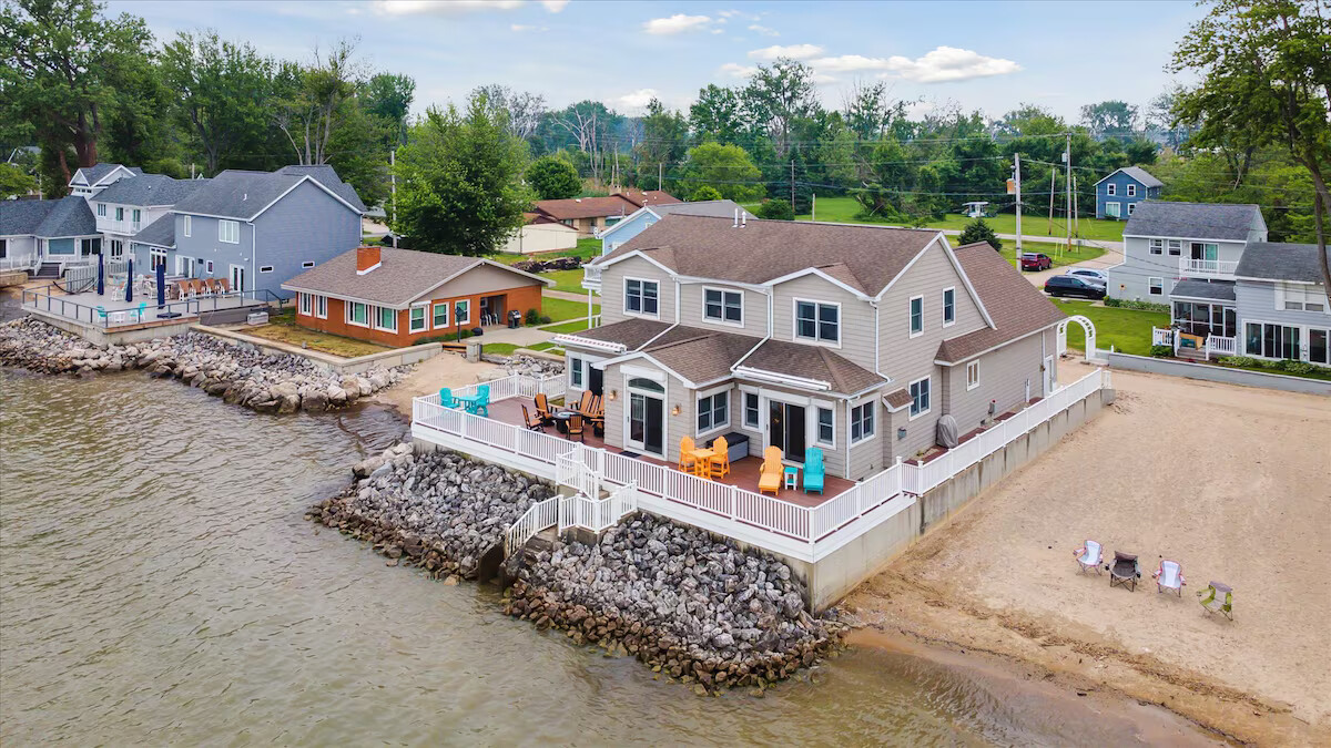Aerial view of the Lake Erie beach house and private beach