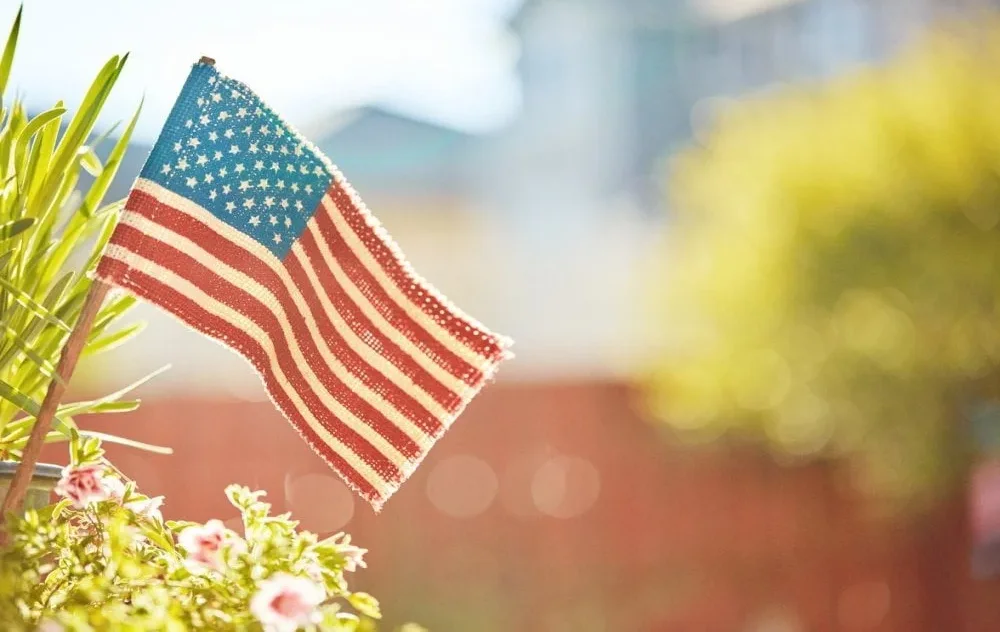 labor day flag decoration in a hanging flower basket