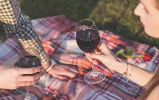 couple outdoors on a picnic blanket holding wine glasses